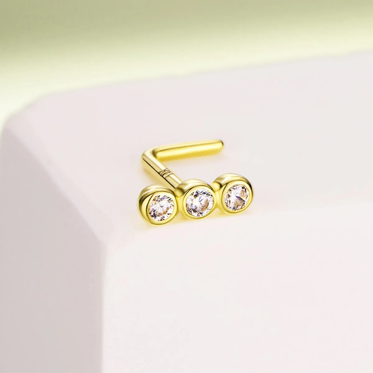 14K Solid Gold Three Clear CZ Beads Top L-Shape Nose Stud