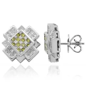 14K Solid White Gold Diamond Stud Earrings with Yellow Diamonds 1.95 Ctw