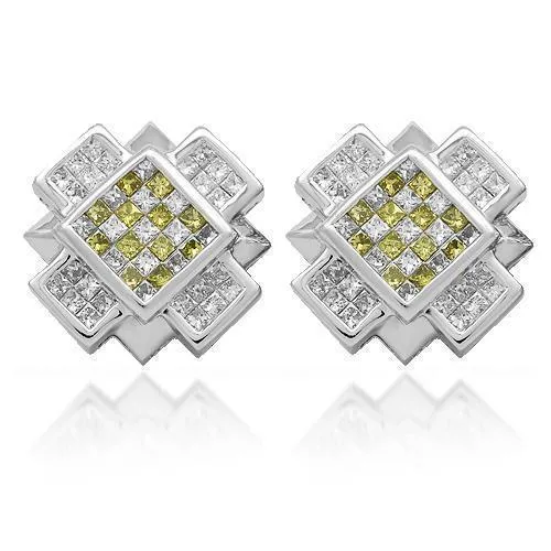 14K Solid White Gold Diamond Stud Earrings with Yellow Diamonds 1.95 Ctw