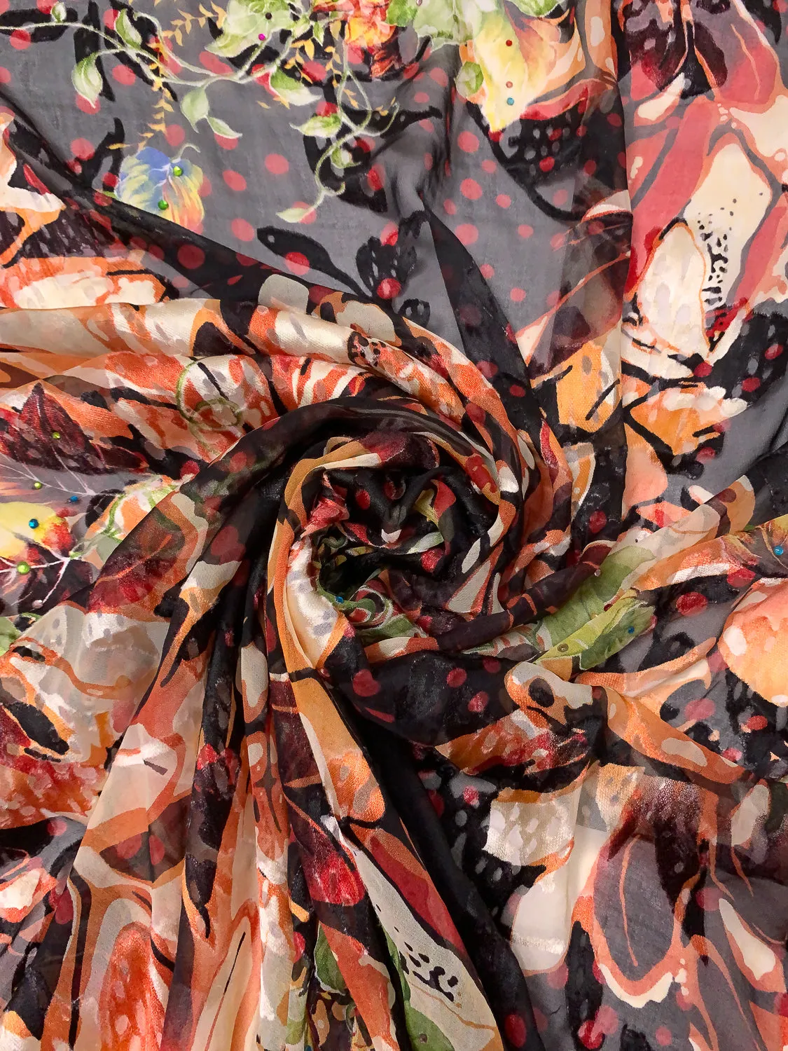 Abstract Floral Printed Silk-Rayon Burnout Chiffon with Stones - Orange / Red / Yellow / Green / Black