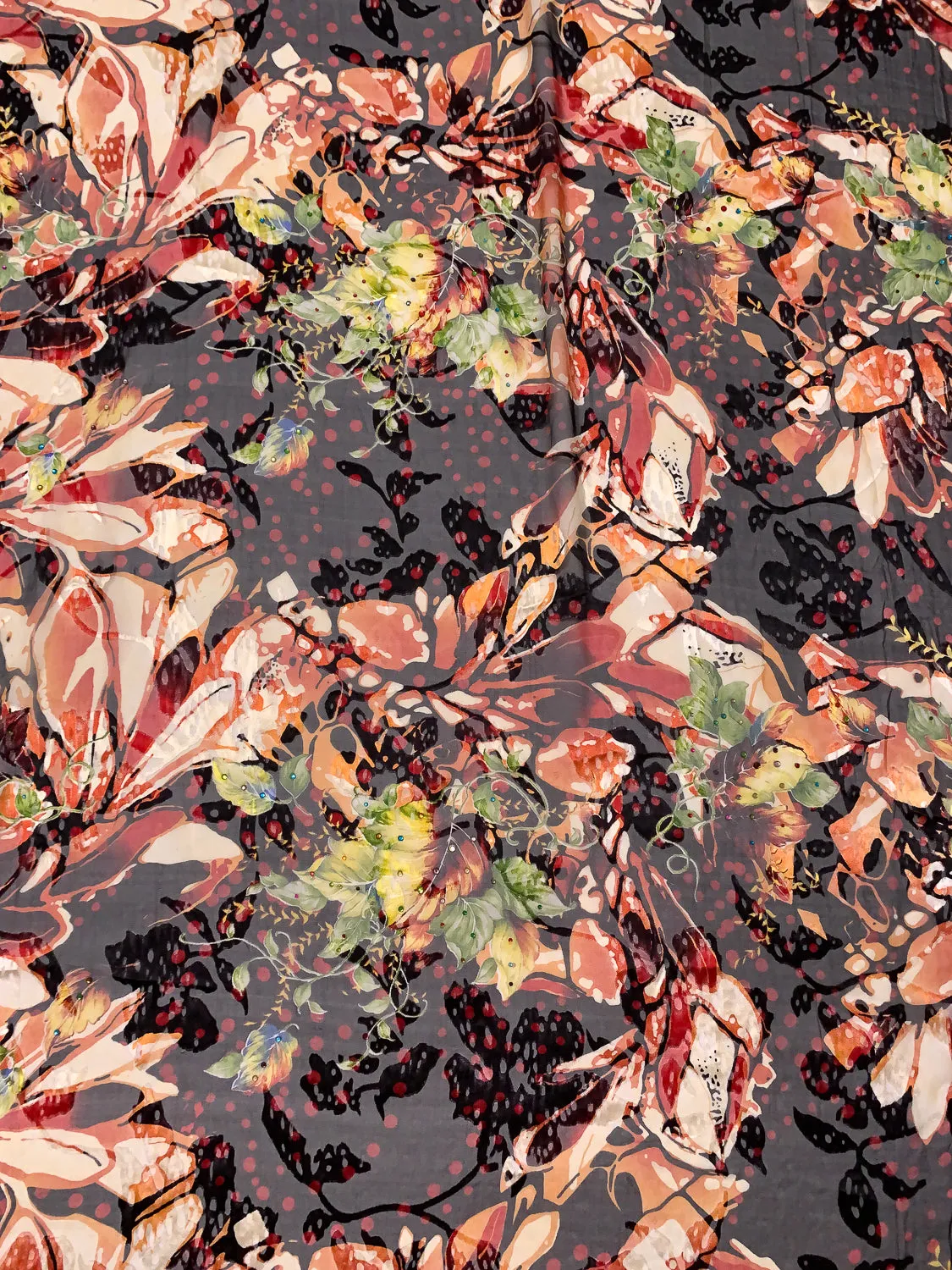 Abstract Floral Printed Silk-Rayon Burnout Chiffon with Stones - Orange / Red / Yellow / Green / Black