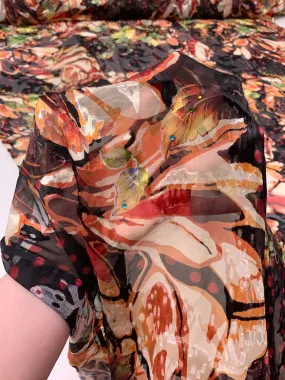 Abstract Floral Printed Silk-Rayon Burnout Chiffon with Stones - Orange / Red / Yellow / Green / Black