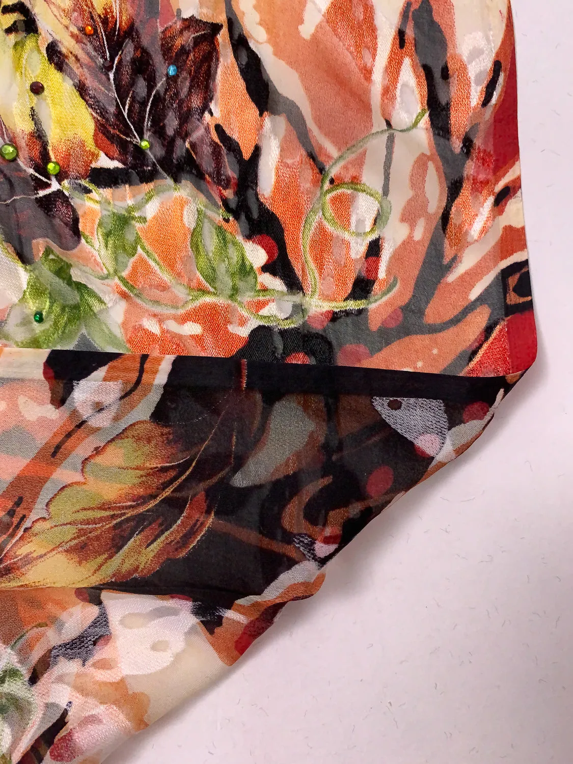 Abstract Floral Printed Silk-Rayon Burnout Chiffon with Stones - Orange / Red / Yellow / Green / Black