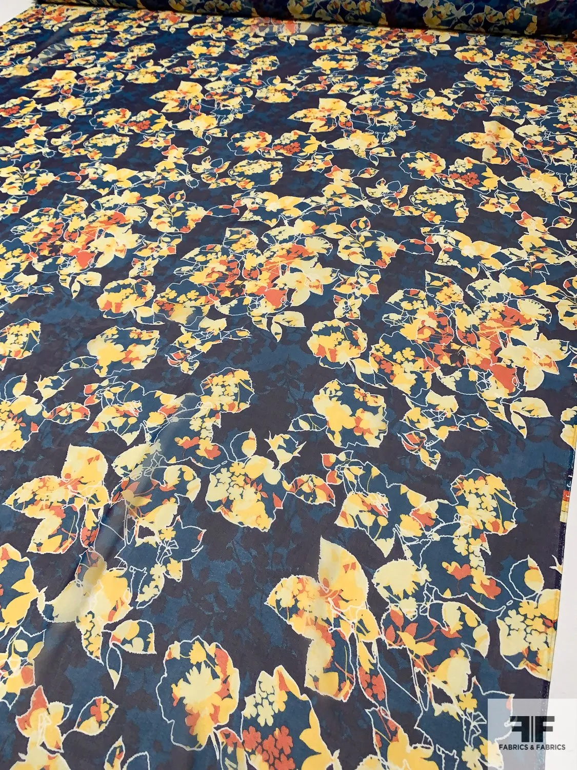 Abstract Leaf Printed Silk Chiffon - Yellow / Navy / Teal / Orange