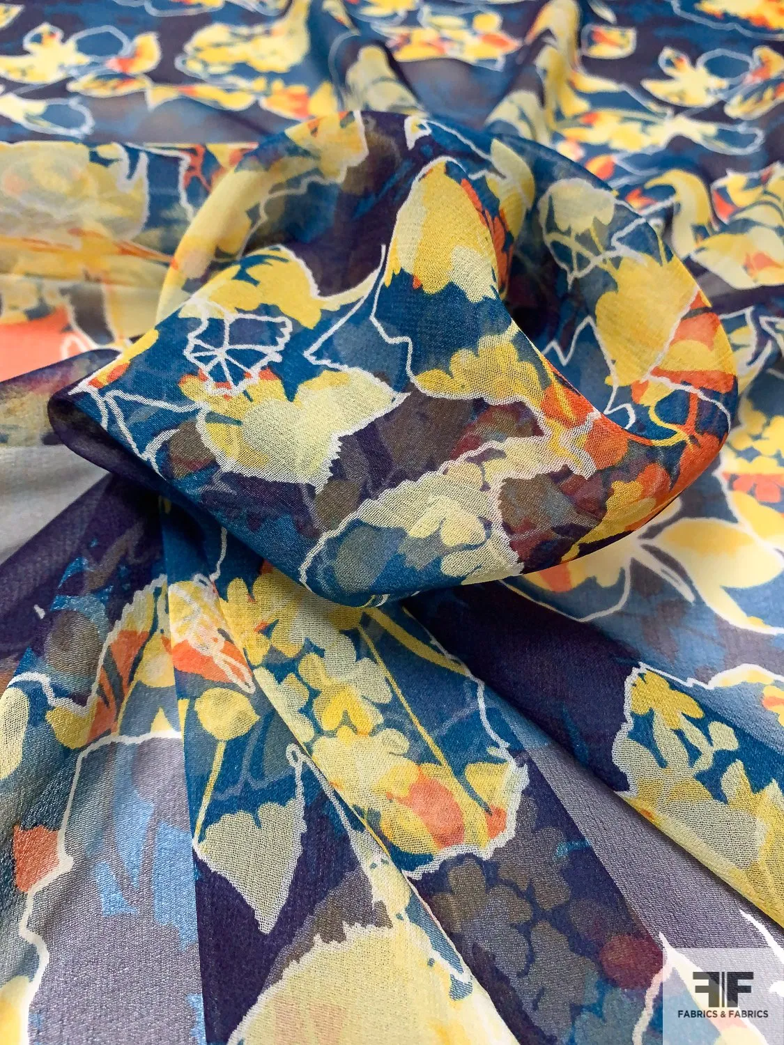 Abstract Leaf Printed Silk Chiffon - Yellow / Navy / Teal / Orange