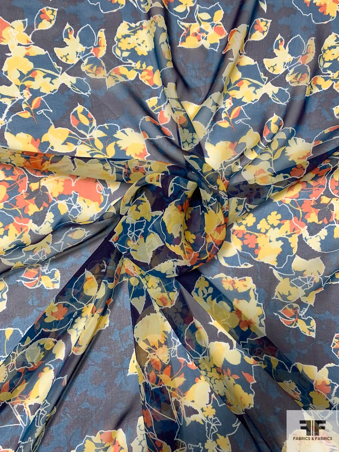 Abstract Leaf Printed Silk Chiffon - Yellow / Navy / Teal / Orange