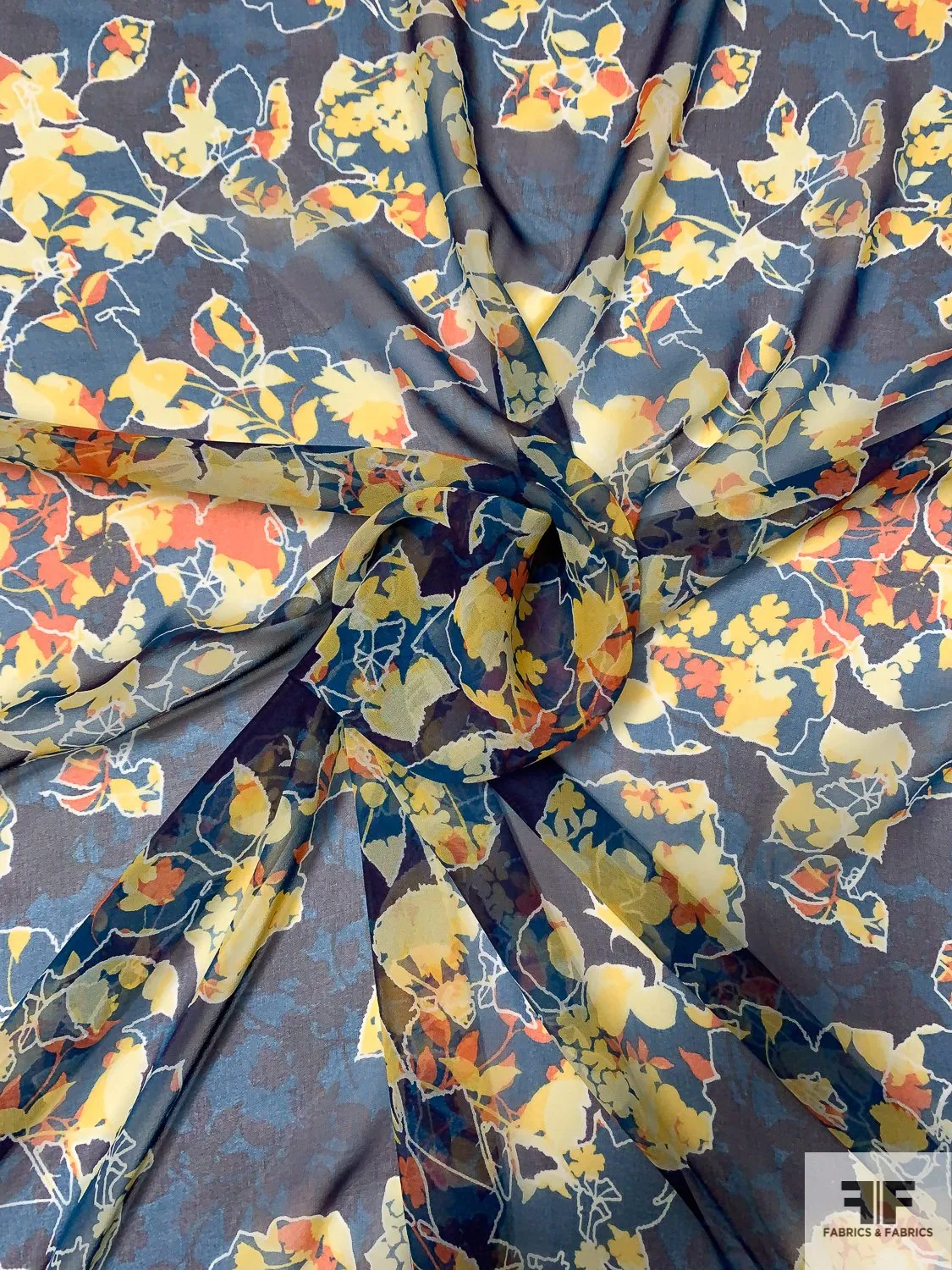 Abstract Leaf Printed Silk Chiffon - Yellow / Navy / Teal / Orange