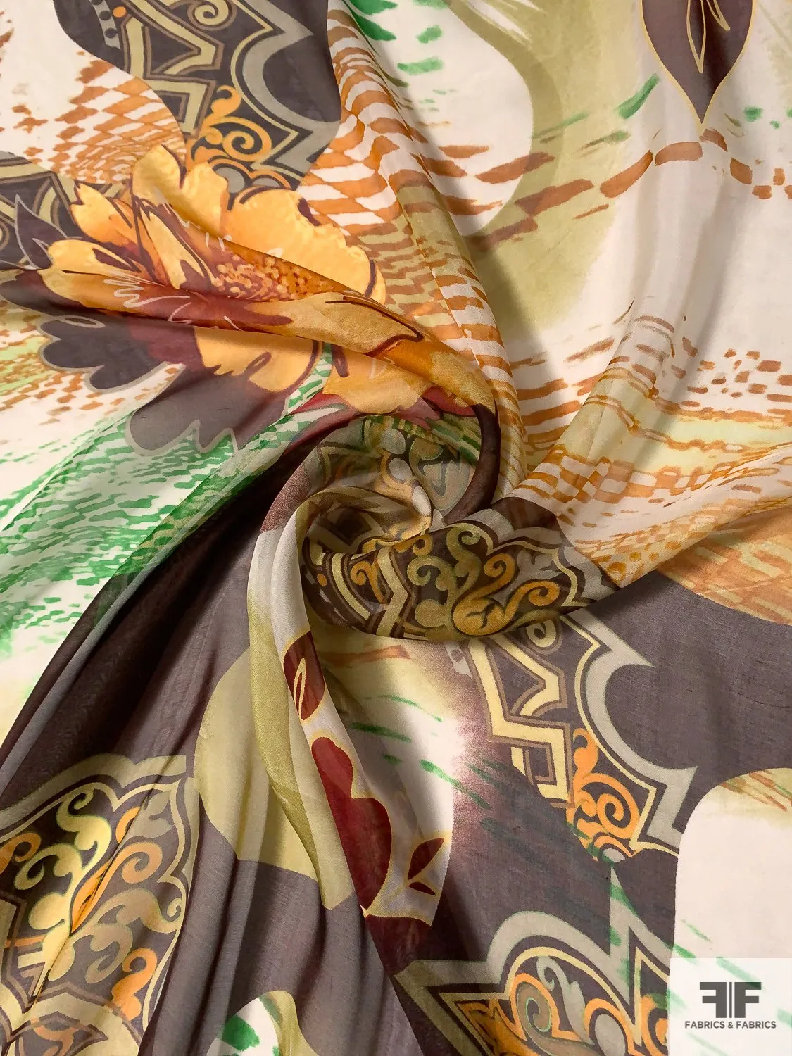 Abstract Regal Printed Silk Chiffon - Brown / Orange / Green / Off-White