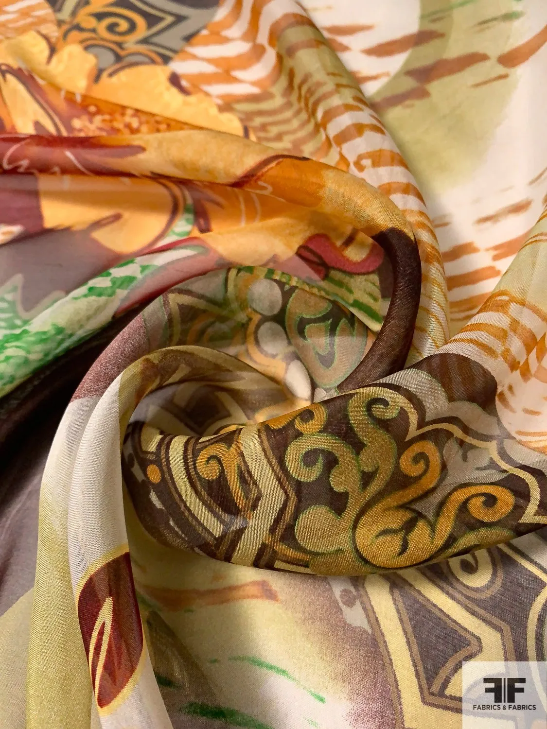 Abstract Regal Printed Silk Chiffon - Brown / Orange / Green / Off-White