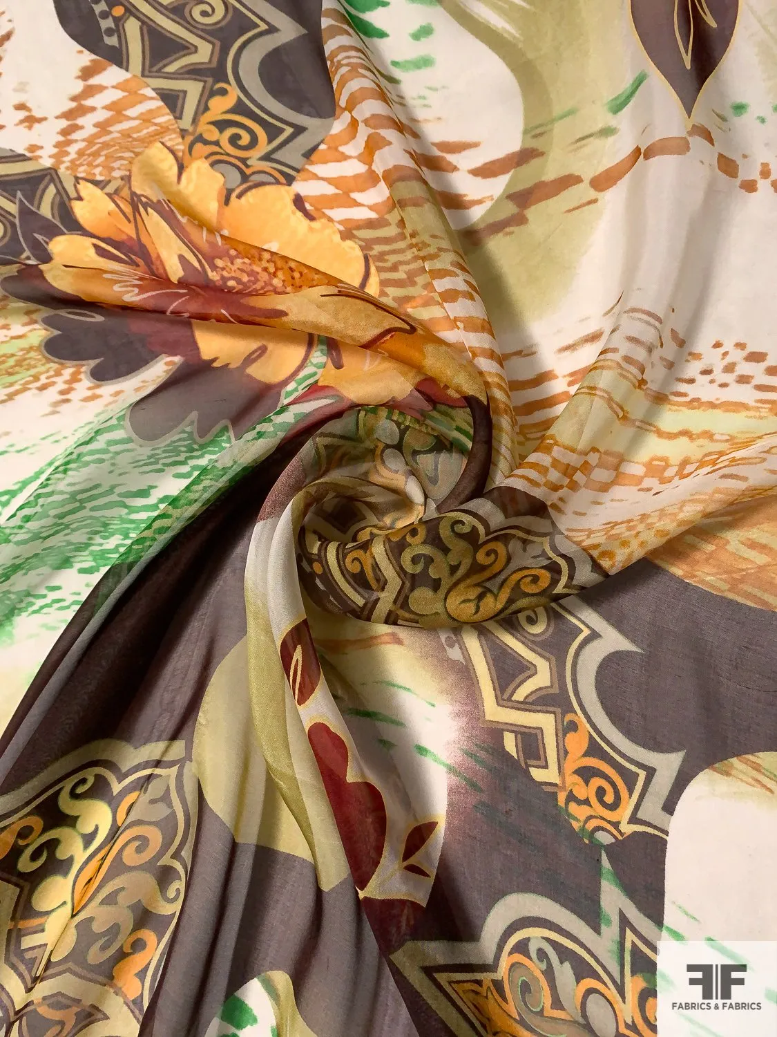 Abstract Regal Printed Silk Chiffon - Brown / Orange / Green / Off-White