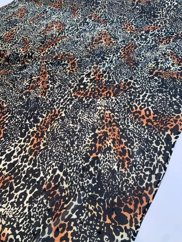 Animal Pattern Silk Chiffon with Stitched Sequins - Black / Cream / Orange