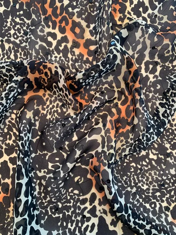 Animal Pattern Silk Chiffon with Stitched Sequins - Black / Cream / Orange