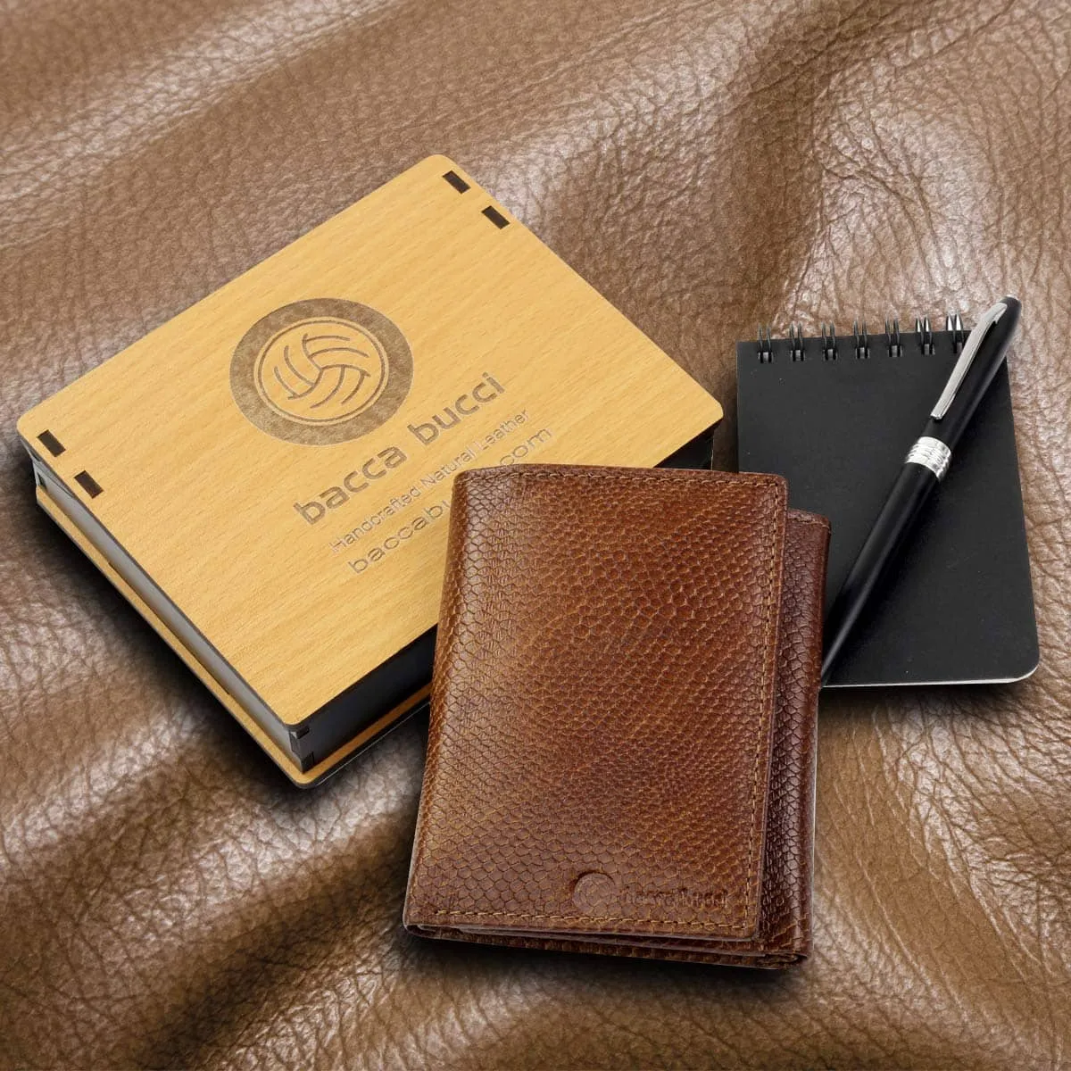 Bacca Bucci Leather Series RFID Blocking Tri-ifold Wallet For Men Soft Genuine Leather-Tan