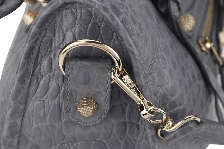 BALENCIAGA GIANT STUDS BAG MEDIUM GRAY CROCODILE EMBOSSED LEATHER GOLD HARDWARE WITH DUST COVER