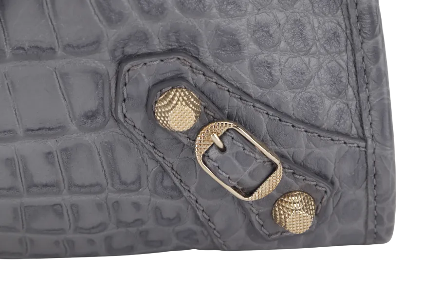 BALENCIAGA GIANT STUDS BAG MEDIUM GRAY CROCODILE EMBOSSED LEATHER GOLD HARDWARE WITH DUST COVER