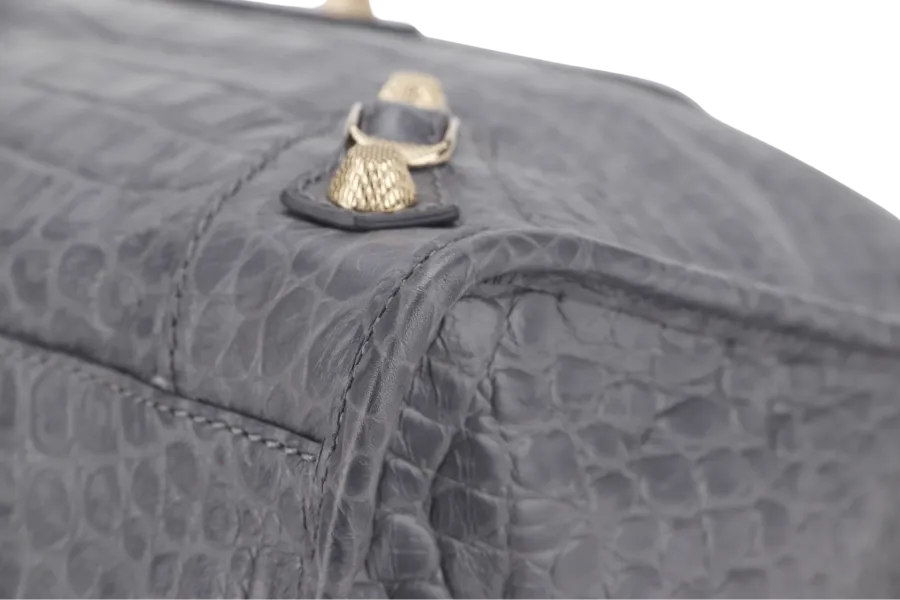 BALENCIAGA GIANT STUDS BAG MEDIUM GRAY CROCODILE EMBOSSED LEATHER GOLD HARDWARE WITH DUST COVER