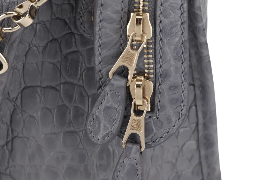 BALENCIAGA GIANT STUDS BAG MEDIUM GRAY CROCODILE EMBOSSED LEATHER GOLD HARDWARE WITH DUST COVER