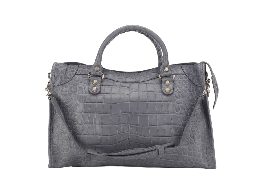 BALENCIAGA GIANT STUDS BAG MEDIUM GRAY CROCODILE EMBOSSED LEATHER GOLD HARDWARE WITH DUST COVER