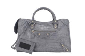 BALENCIAGA GIANT STUDS BAG MEDIUM GRAY CROCODILE EMBOSSED LEATHER GOLD HARDWARE WITH DUST COVER