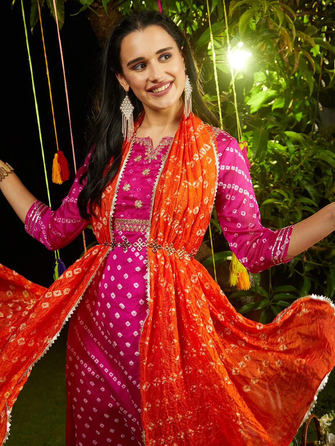 Bandhani Printed & Embroidered Straight Kurta with Pant & Dupatta - Rani Pink