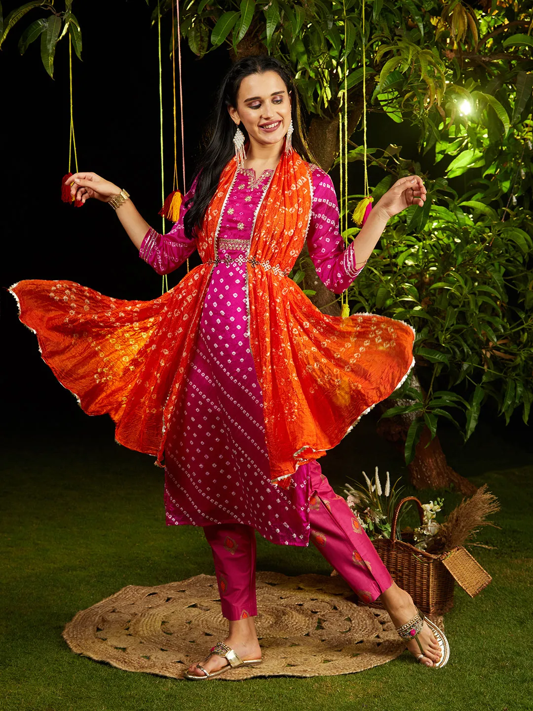 Bandhani Printed & Embroidered Straight Kurta with Pant & Dupatta - Rani Pink