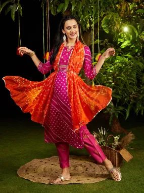 Bandhani Printed & Embroidered Straight Kurta with Pant & Dupatta - Rani Pink