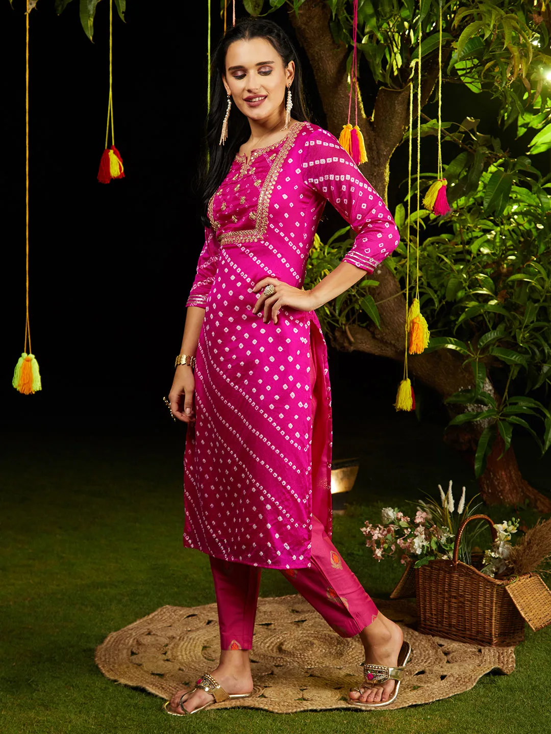 Bandhani Printed & Embroidered Straight Kurta with Pant & Dupatta - Rani Pink