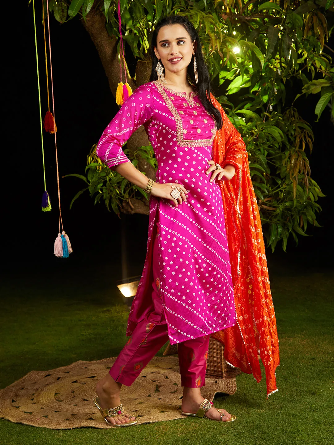 Bandhani Printed & Embroidered Straight Kurta with Pant & Dupatta - Rani Pink