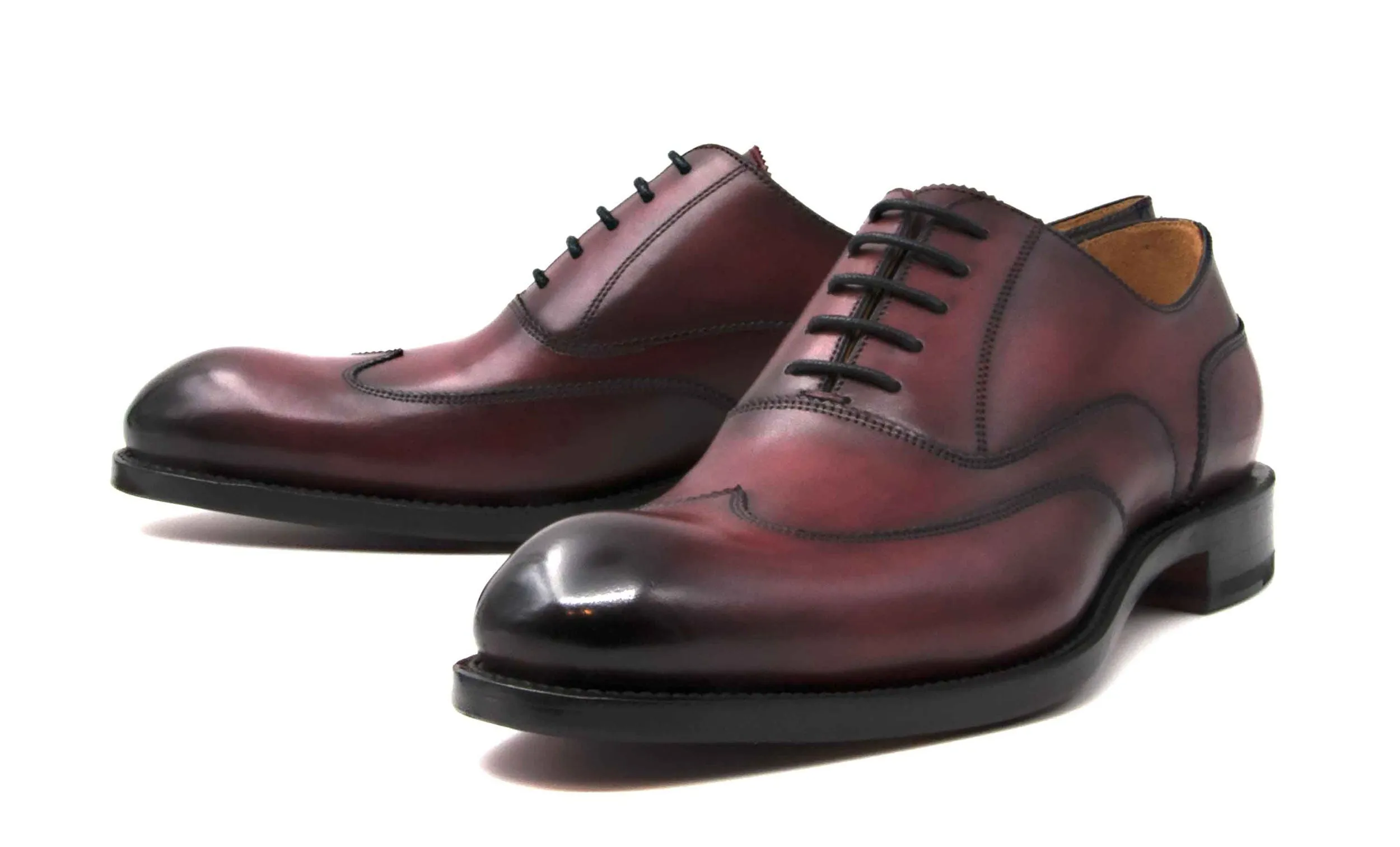 Burnished Calfskin "Wick" Lace-Up Wingtip Oxford Burgundy