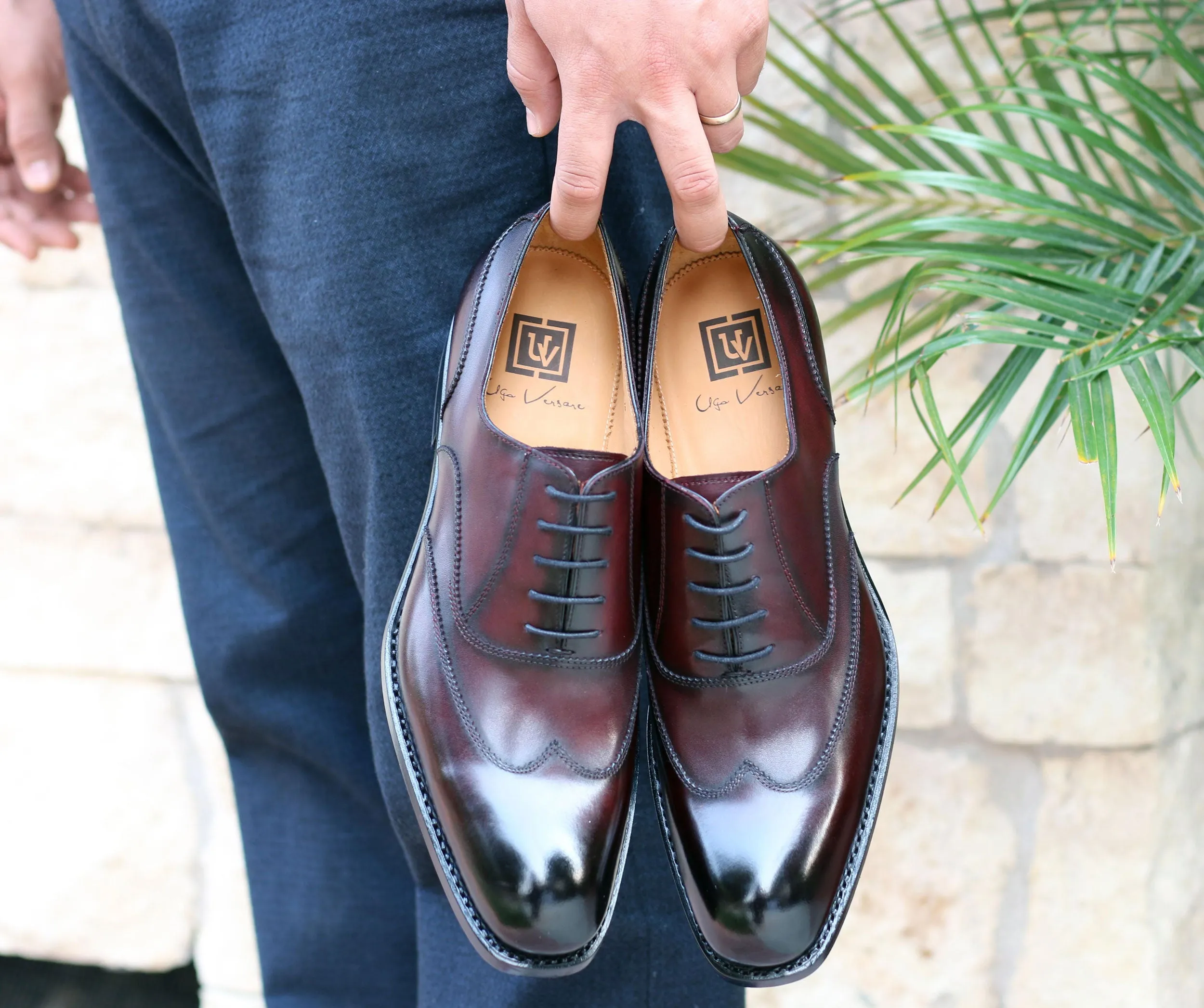 Burnished Calfskin "Wick" Lace-Up Wingtip Oxford Burgundy