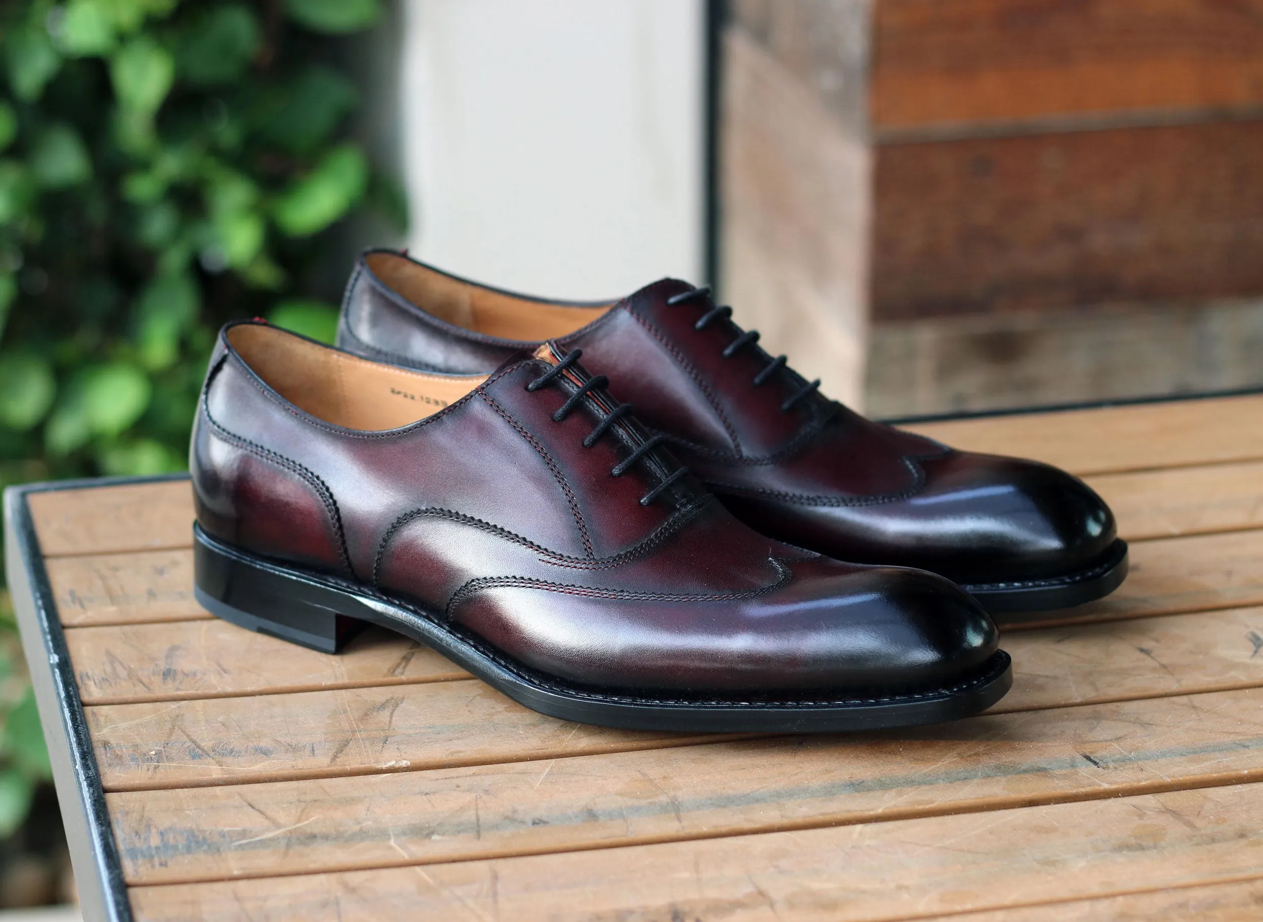 Burnished Calfskin "Wick" Lace-Up Wingtip Oxford Burgundy