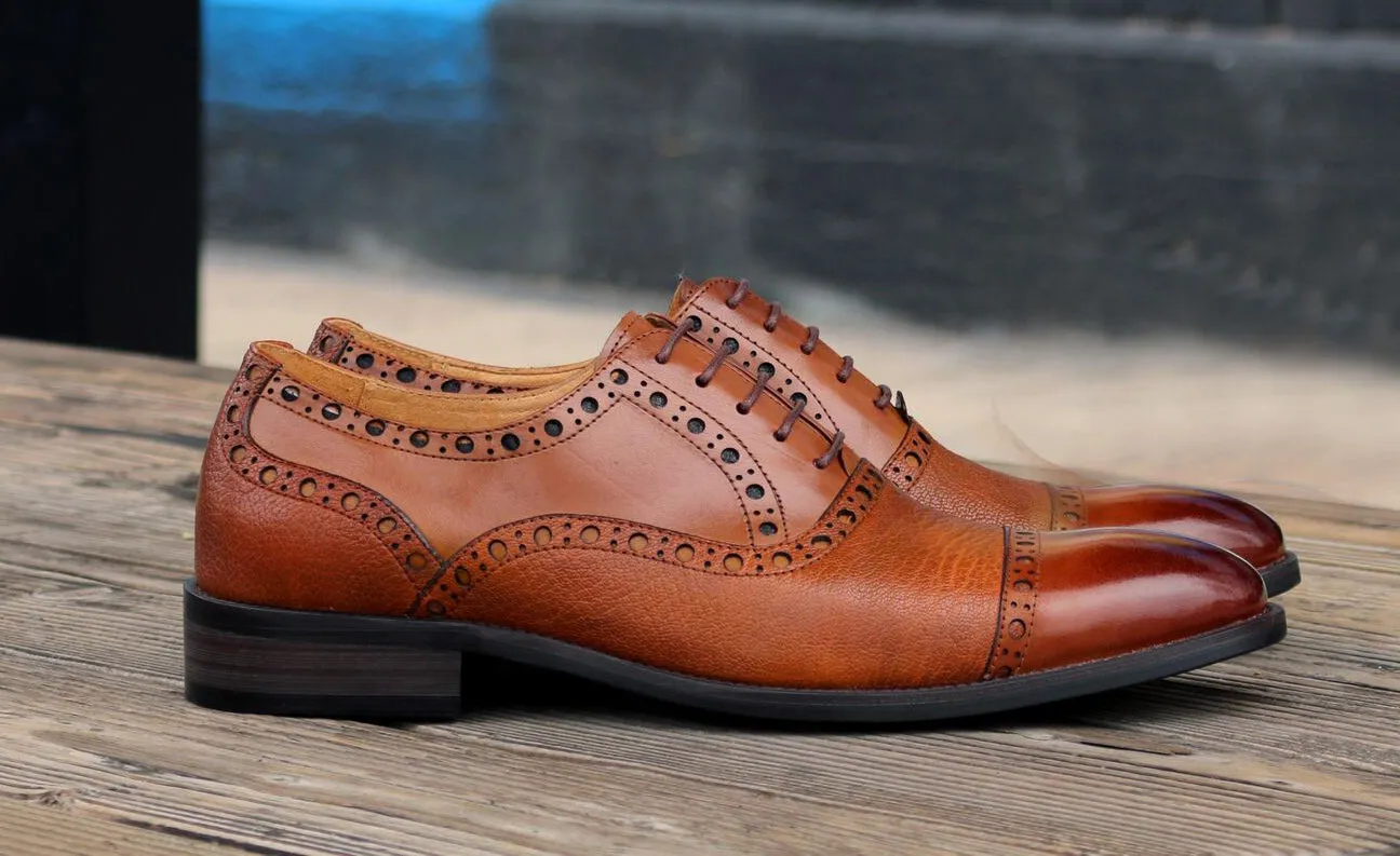 Calfskin & Deerskin Lace-Up Oxford Cognac