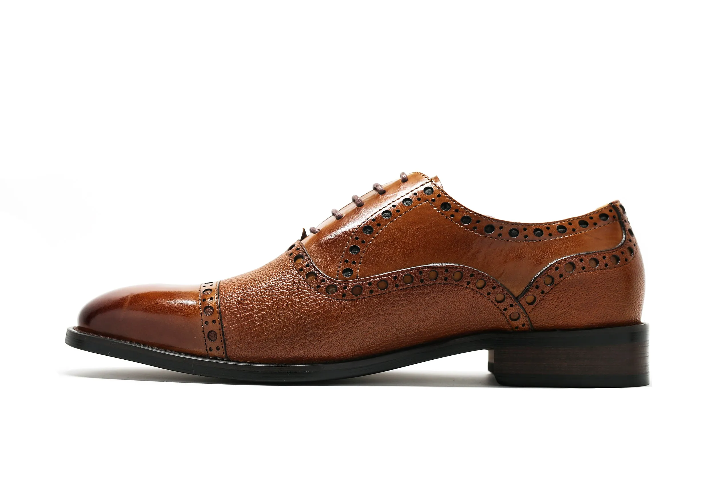 Calfskin & Deerskin Lace-Up Oxford Cognac