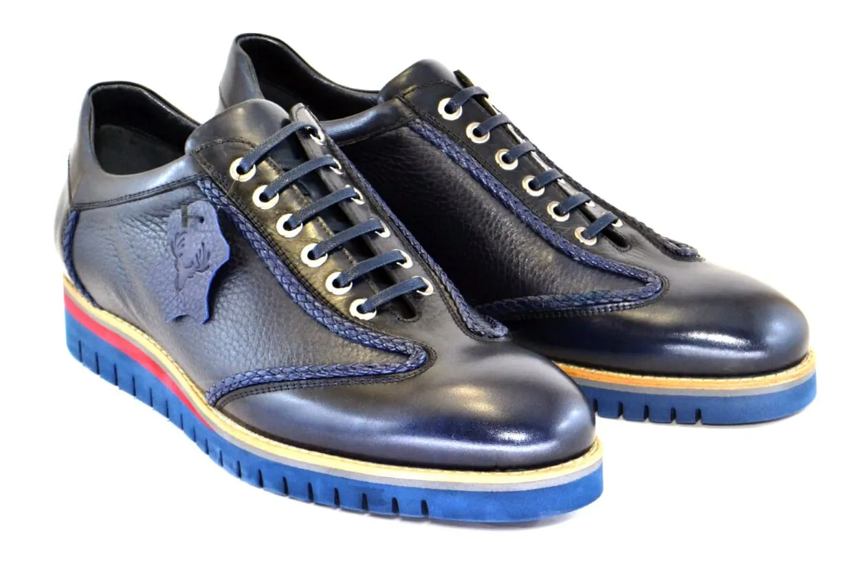 Corrente Calfskin & Deerskin Lace-Up Oxford Navy