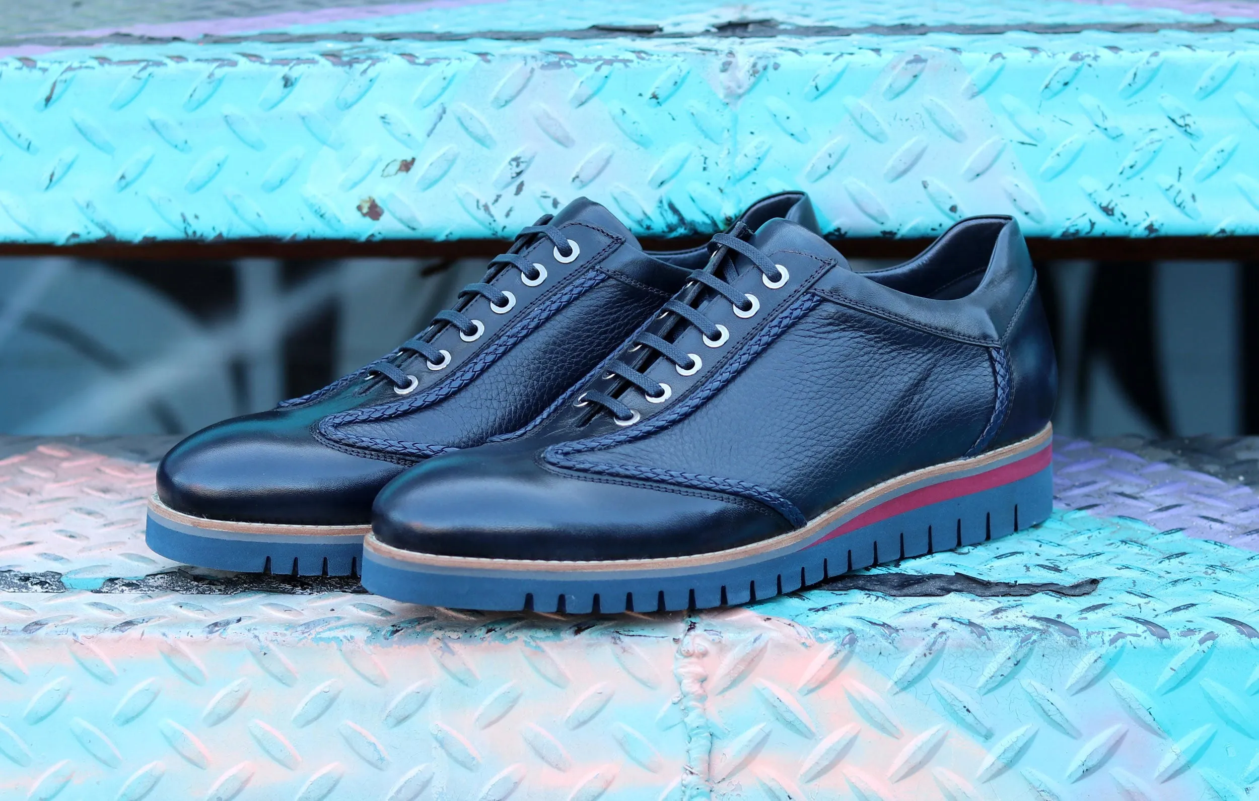 Corrente Calfskin & Deerskin Lace-Up Oxford Navy