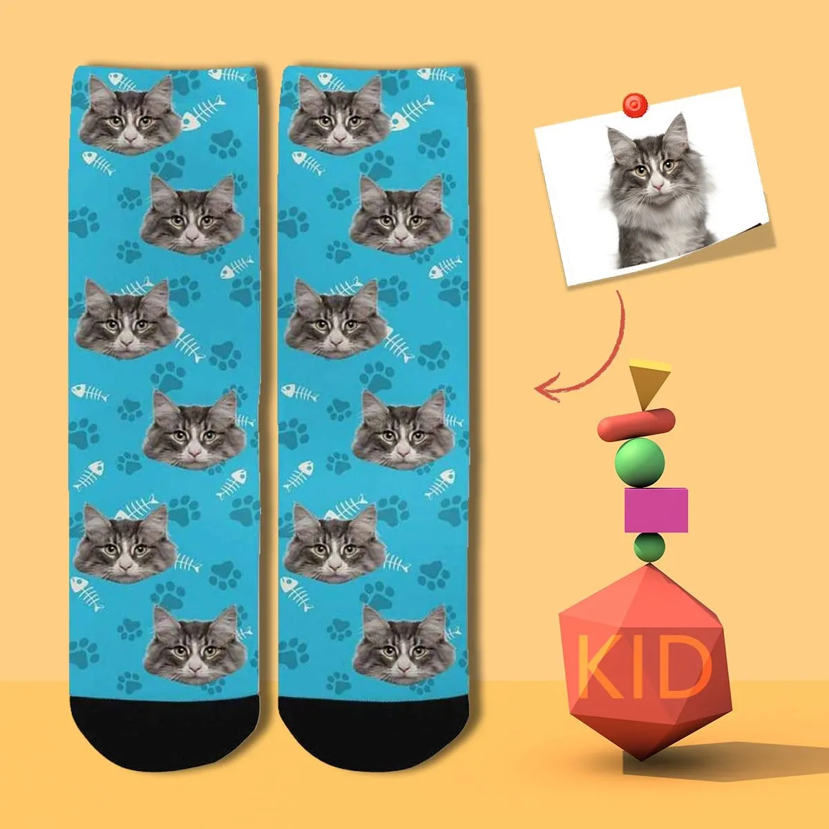 Custom Cat Face Socks Funny Printed Photo Pet Socks Personalized Picture Footprint Kid's Socks