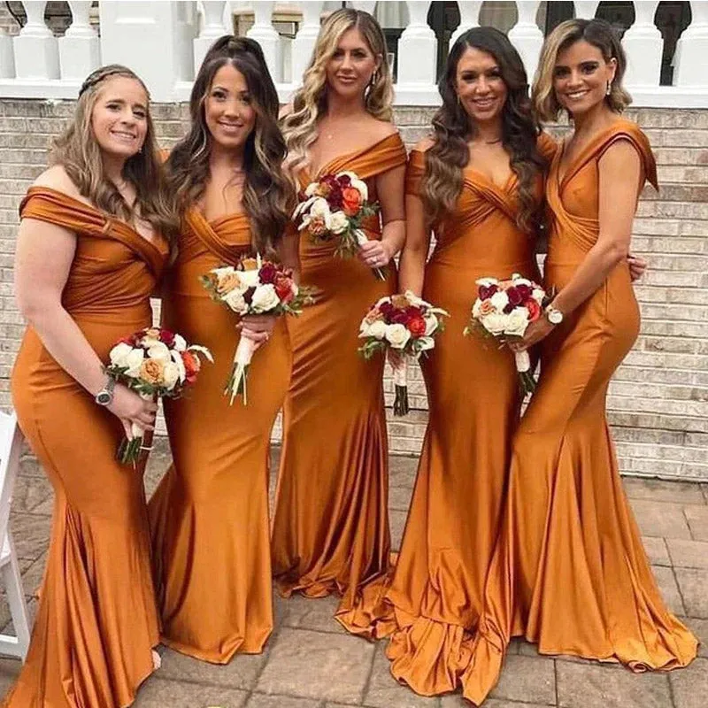 Elegant Off Shoulder Mermaid Burnt Orange Satin Long Bridesmaid Dresses Online, BG710