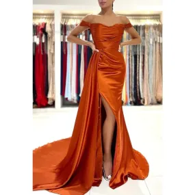 Elegant Off Shoulder Side Slit Mermaid Burnt Orange Satin Long Bridesmaid Dresses Online, BG709