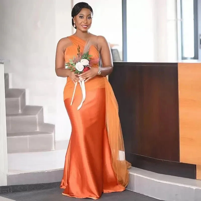 Elegant One Shoulder Mermaid Satin Orange Long Bridesmaid Dresses Online, BG760