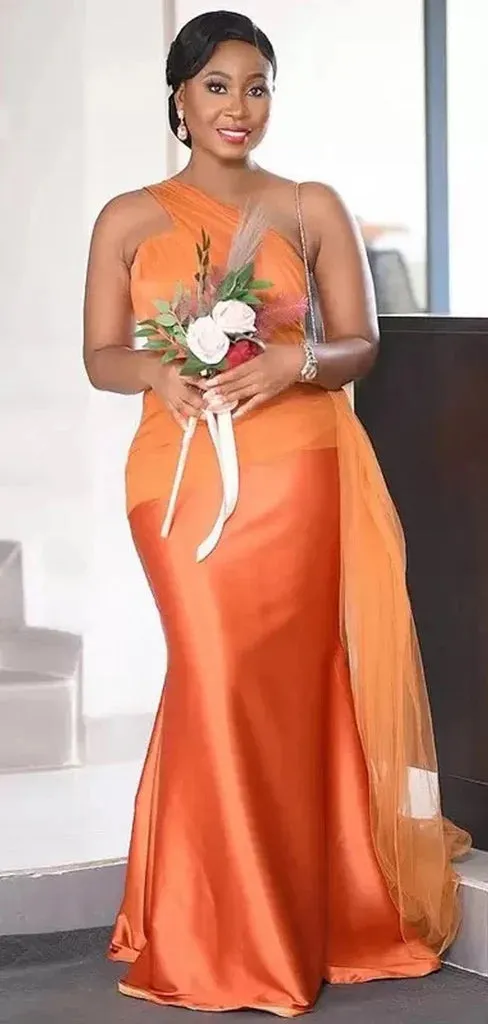 Elegant One Shoulder Mermaid Satin Orange Long Bridesmaid Dresses Online, BG760