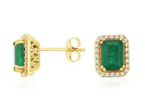 Emerald and Diamond Halo Stud Earrings