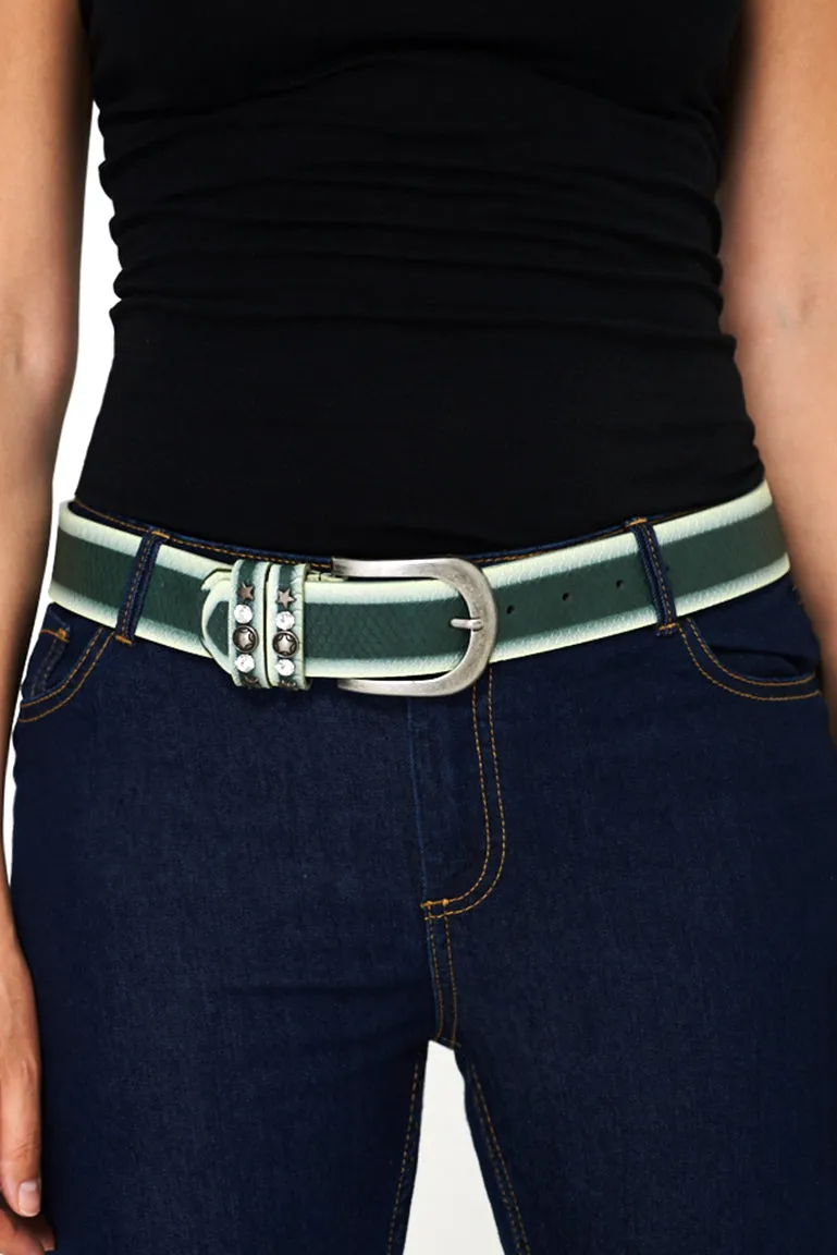 Faux Leather Skin Snake Effect Belt With Studs In Green