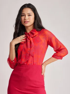 Floral Tie-up Top - Orange And Fuchsia