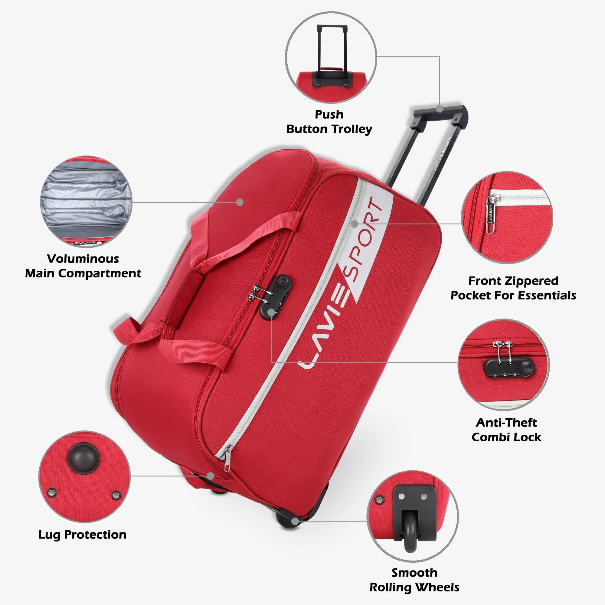 Lavie Sport 63 cms Camelot Wheel Duffle Bag With Combi Lock | Red