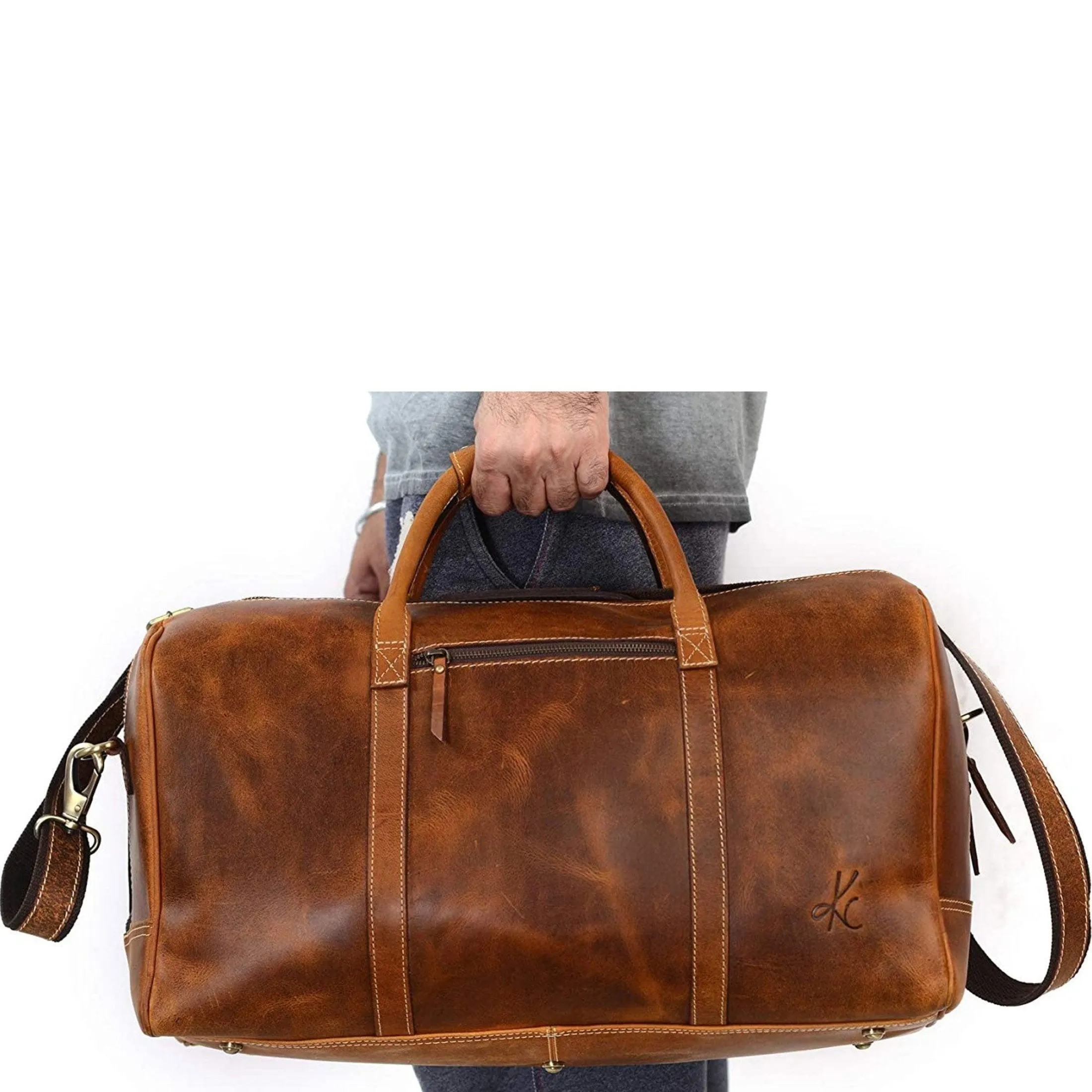 Leather Duffel Bag Travel Gym Sports Overnight Weekend cabin holdall by KomalC (Distressed Tan)