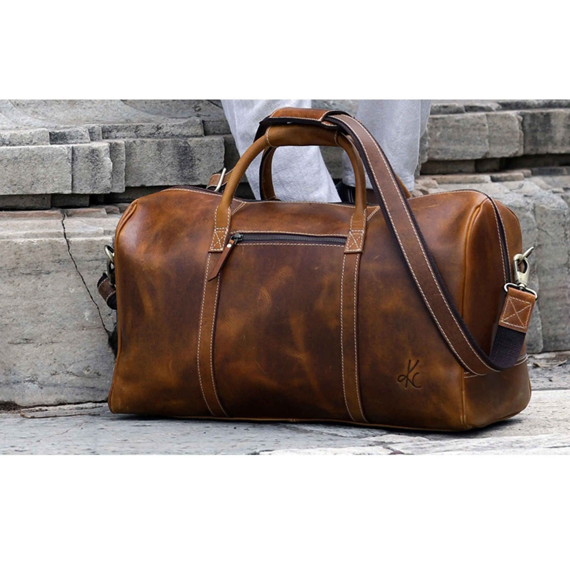 Leather Duffel Bag Travel Gym Sports Overnight Weekend cabin holdall by KomalC (Distressed Tan)