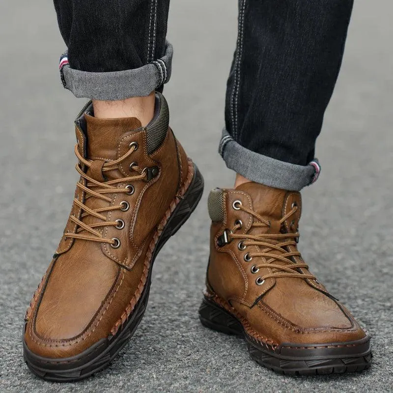 Men's Casual Shoes: High-Top Leather Walking Flat Sneakers - TSS193