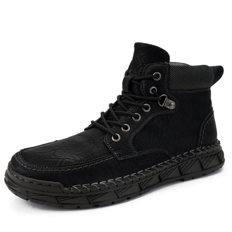 Men's Casual Shoes: High-Top Leather Walking Flat Sneakers - TSS193