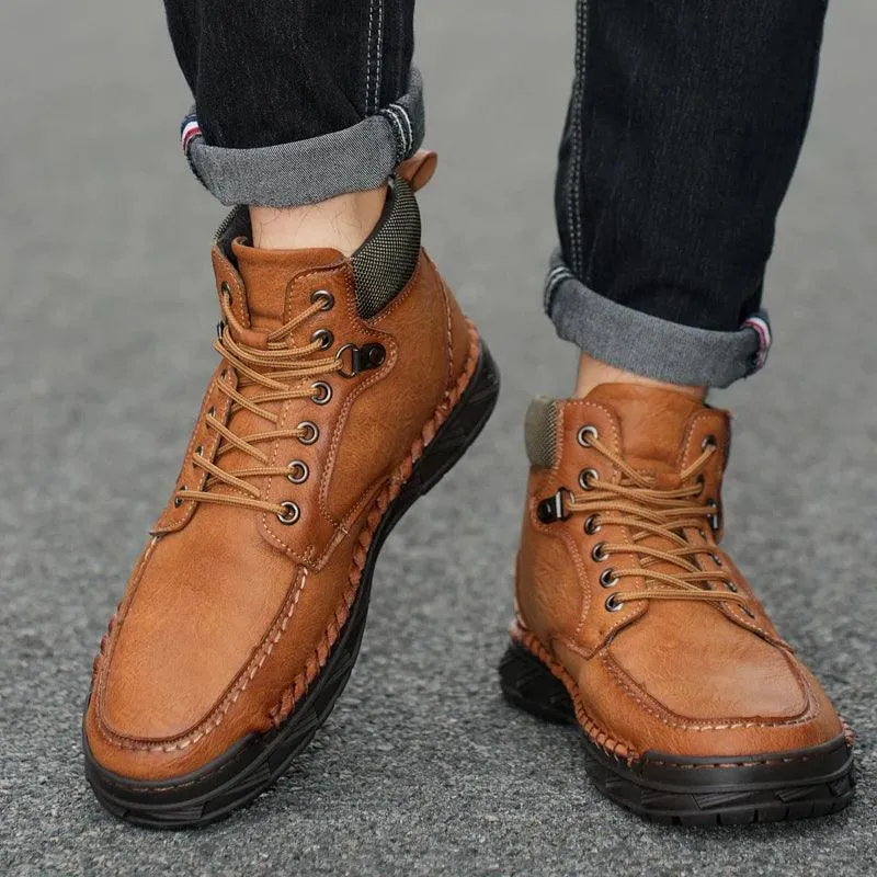 Men's Casual Shoes: High-Top Leather Walking Flat Sneakers - TSS193