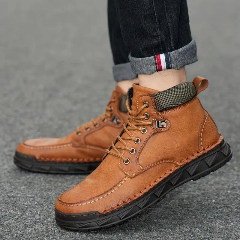 Men's Casual Shoes: High-Top Leather Walking Flat Sneakers - TSS193